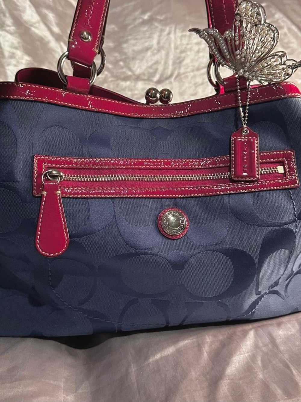 Vintage Y2K Coach Signature Large Blue Pink Kisslock Shoulder Bag